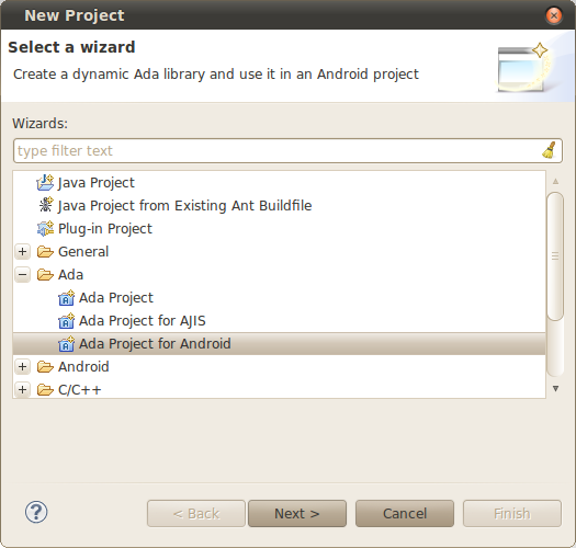 New Project Wizard with Android Ada project selected