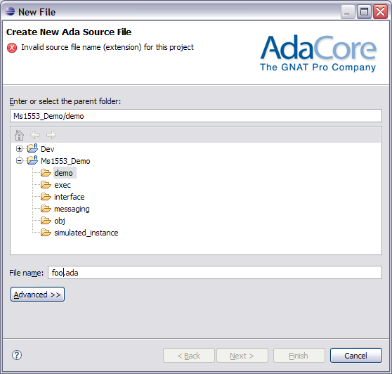 new ada file wizard invalid name example