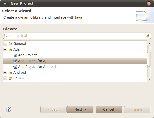 New Project Wizard with AJIS project selected