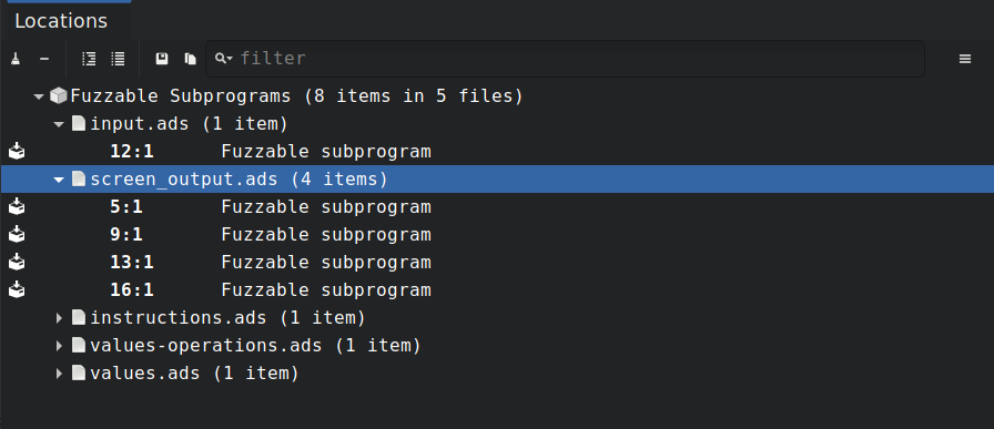 The Locations view showing the results of gnatfuzz analyze