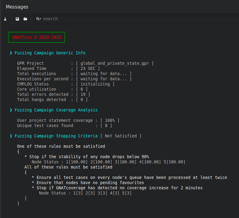The Messages view showing the gnatfuzz command line report
