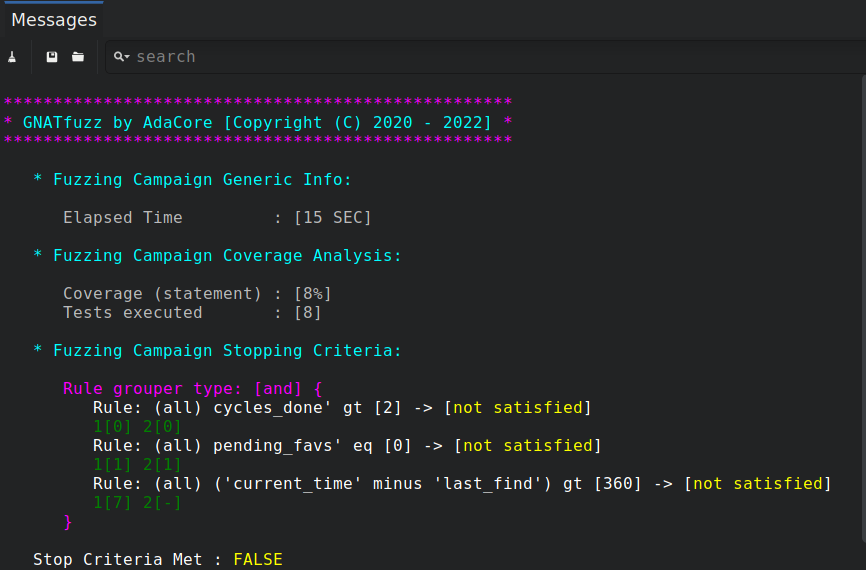 The Messages view showing the gnatfuzz command line report