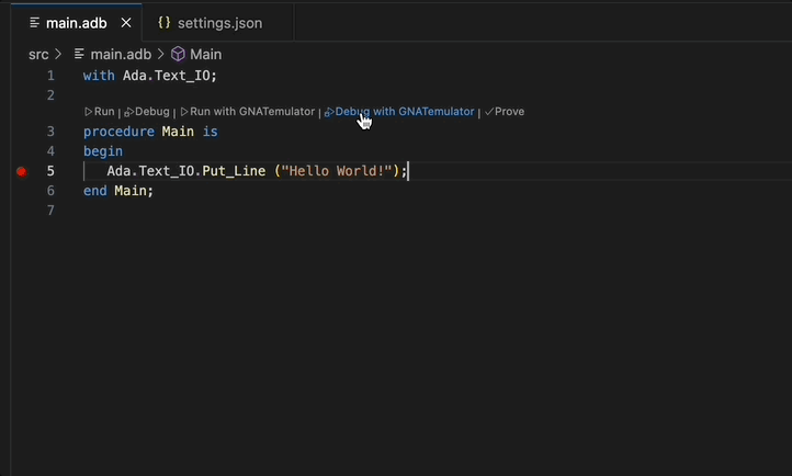 Debug with GNATemulator CodeLens
