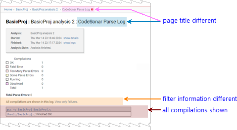Annotated Screenshot: Parse Log Page with ALL COMPILATIONS filter