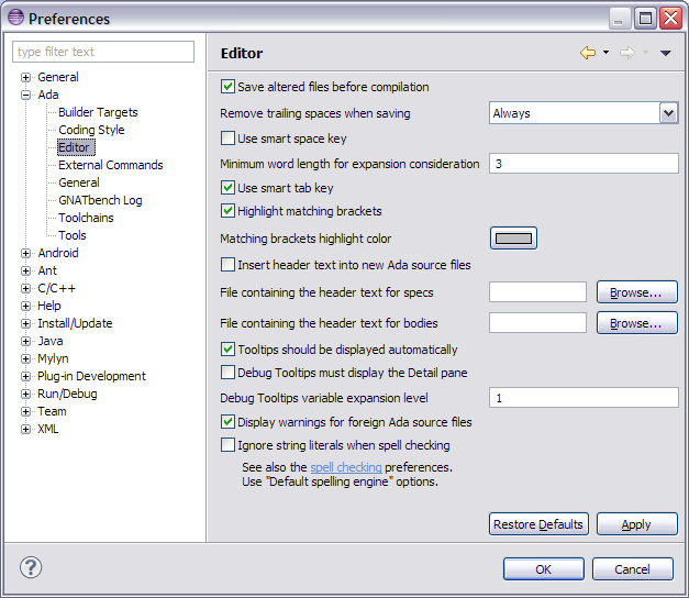 Ada editor prefs