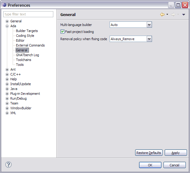 Ada GNATbench General Preferences