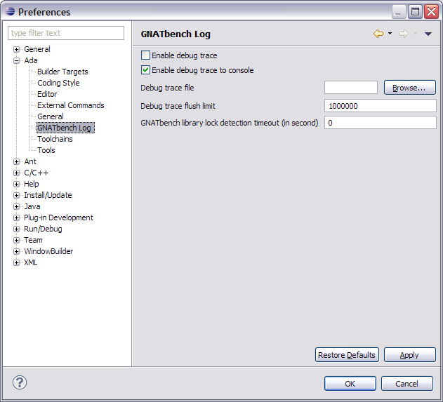Ada GNATbench Log Preferences