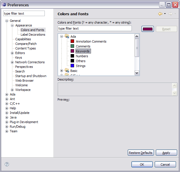 Color controls for Ada
