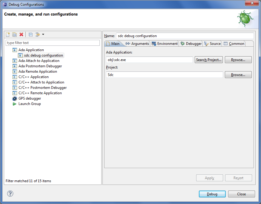 debug dialog main tab complete