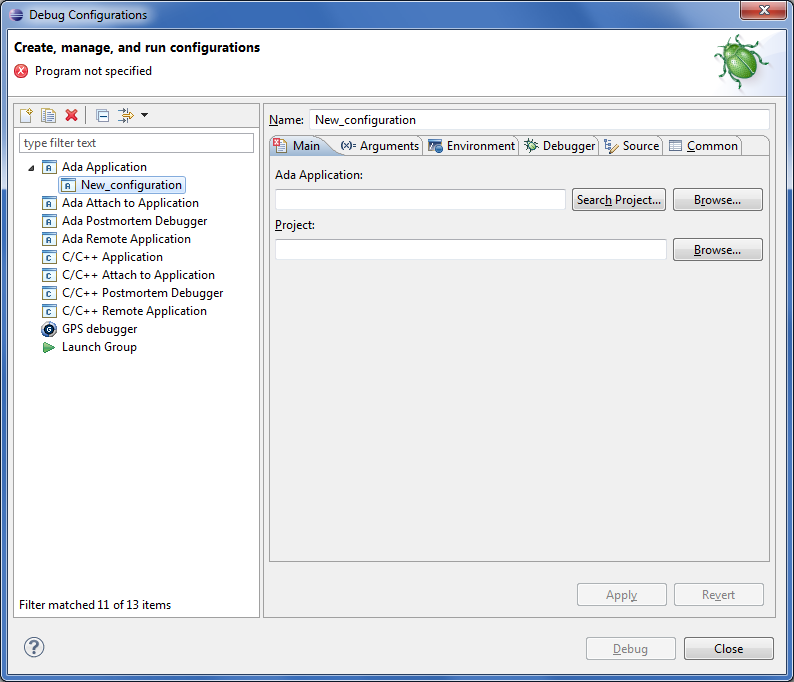 debug dialog with new empty configuration