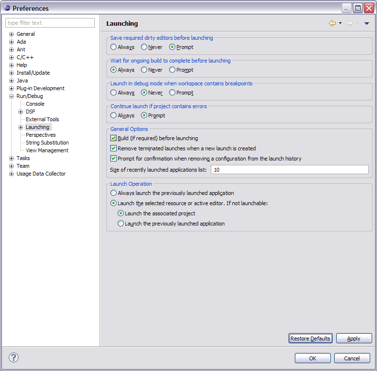 debug launch build first preference