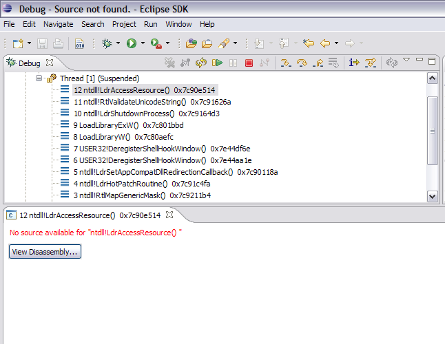 debugger initially no source found