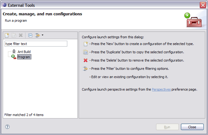 empty external tools dialog