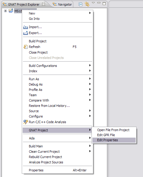 gnat project edit properties menu
