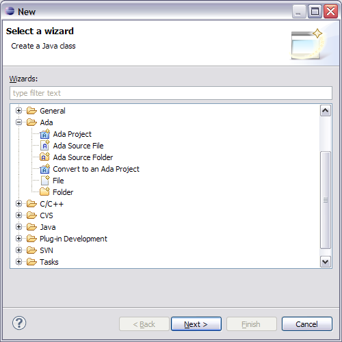 new project wizard Ada category