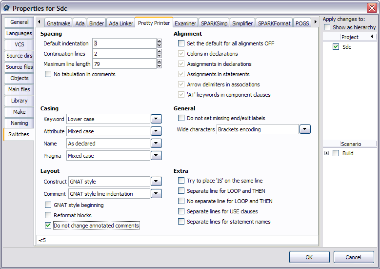 pretty printer switches in project editor