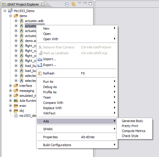 project explorer contextual menu