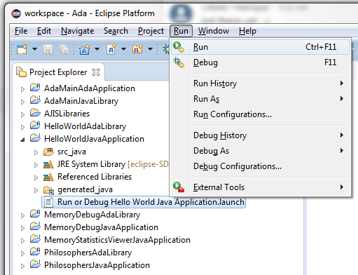 run or debug application or library.