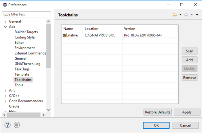 toolchains list