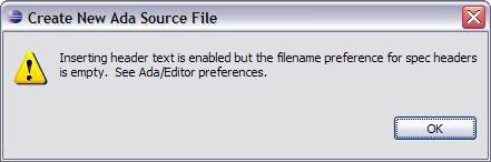 create new source file error dialog