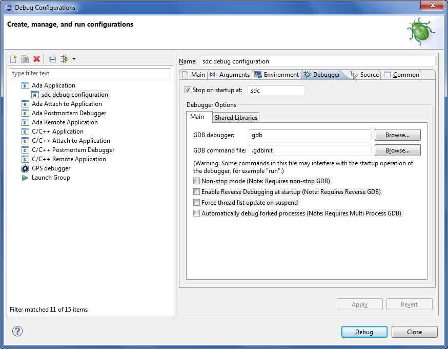 debug dialog debugger tab complete