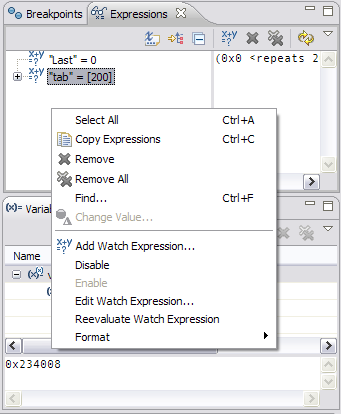 expressions view contextual menu