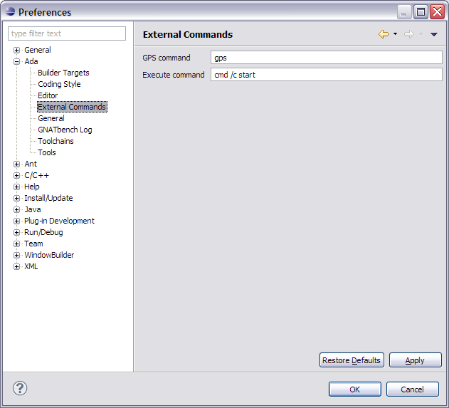 Ada External Commands Preferences