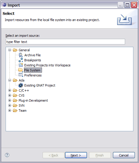 file system import wizard
