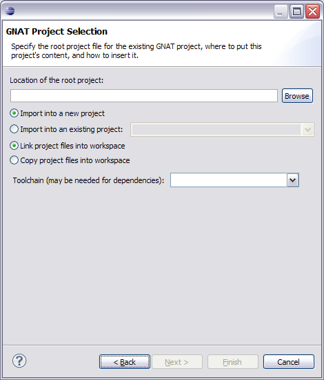 import gnat project selection page