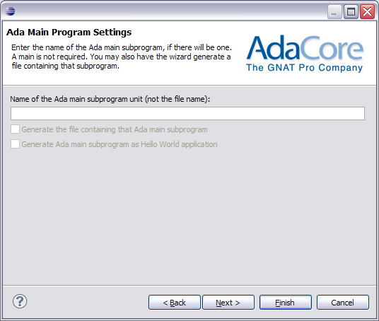 new project wizard main subprogram name page