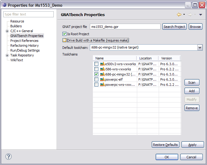 GNATbench properties showing makefile option