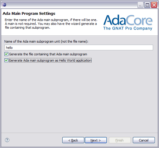 new project wizard ada config page2
