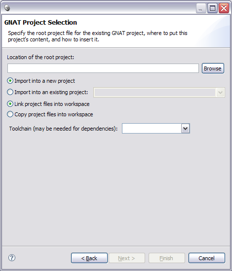 import gnat project selection page
